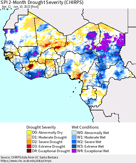 Western Africa SPI 2-Month Drought Severity (CHIRPS) Thematic Map For 4/11/2023 - 6/10/2023