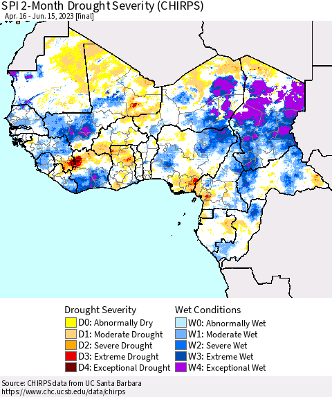 Western Africa SPI 2-Month Drought Severity (CHIRPS) Thematic Map For 4/16/2023 - 6/15/2023