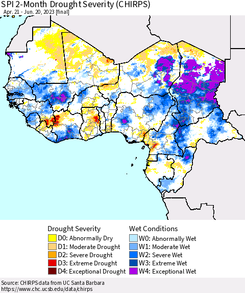 Western Africa SPI 2-Month Drought Severity (CHIRPS) Thematic Map For 4/21/2023 - 6/20/2023