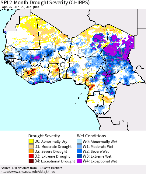 Western Africa SPI 2-Month Drought Severity (CHIRPS) Thematic Map For 4/26/2023 - 6/25/2023