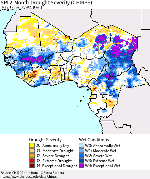 Western Africa SPI 2-Month Drought Severity (CHIRPS) Thematic Map For 5/1/2023 - 6/30/2023