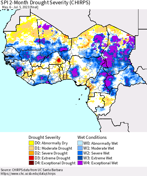 Western Africa SPI 2-Month Drought Severity (CHIRPS) Thematic Map For 5/6/2023 - 7/5/2023