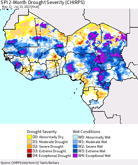 Western Africa SPI 2-Month Drought Severity (CHIRPS) Thematic Map For 5/11/2023 - 7/10/2023