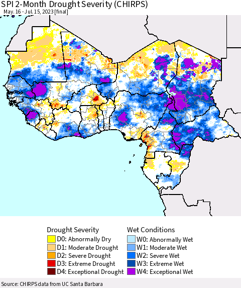 Western Africa SPI 2-Month Drought Severity (CHIRPS) Thematic Map For 5/16/2023 - 7/15/2023