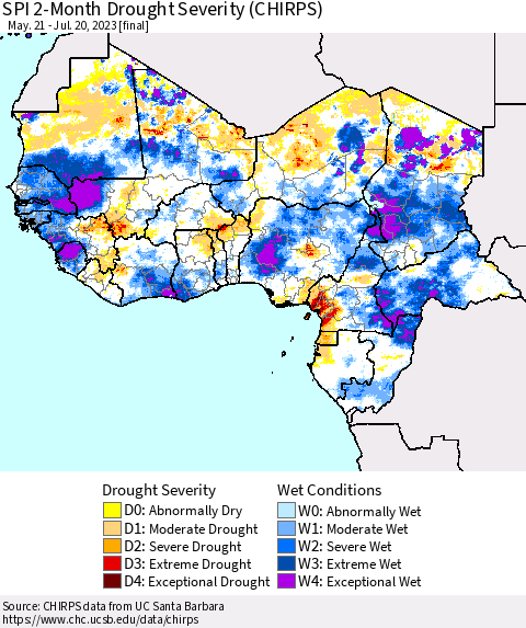 Western Africa SPI 2-Month Drought Severity (CHIRPS) Thematic Map For 5/21/2023 - 7/20/2023