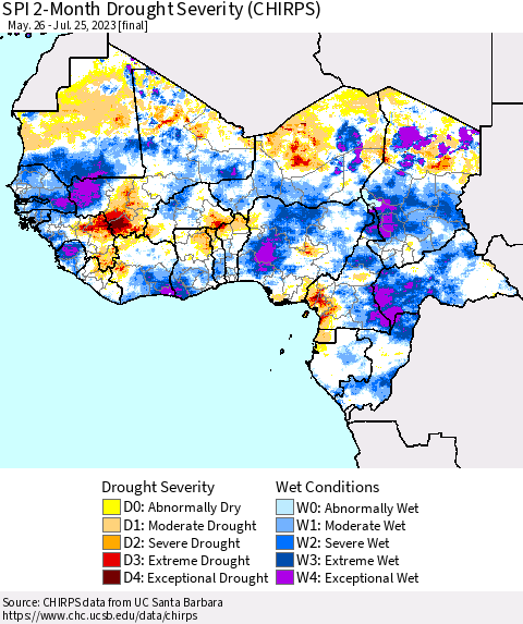 Western Africa SPI 2-Month Drought Severity (CHIRPS) Thematic Map For 5/26/2023 - 7/25/2023