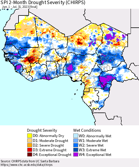 Western Africa SPI 2-Month Drought Severity (CHIRPS) Thematic Map For 6/1/2023 - 7/31/2023