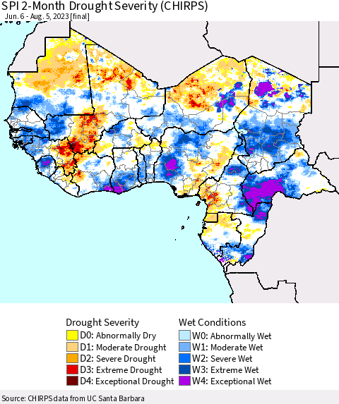 Western Africa SPI 2-Month Drought Severity (CHIRPS) Thematic Map For 6/6/2023 - 8/5/2023
