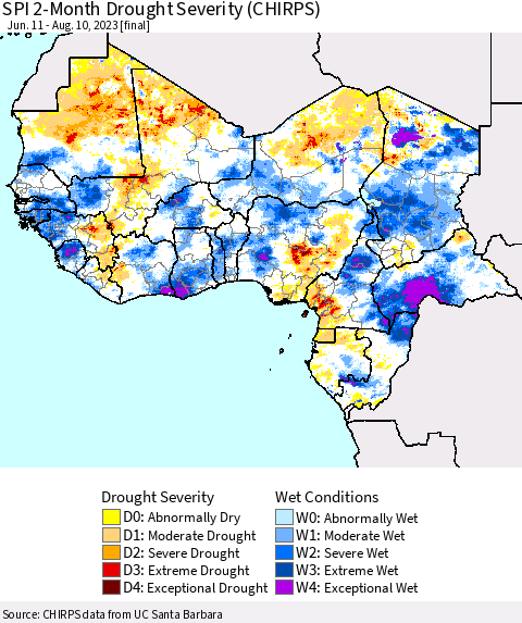 Western Africa SPI 2-Month Drought Severity (CHIRPS) Thematic Map For 6/11/2023 - 8/10/2023