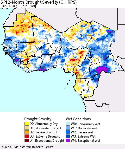 Western Africa SPI 2-Month Drought Severity (CHIRPS) Thematic Map For 6/16/2023 - 8/15/2023