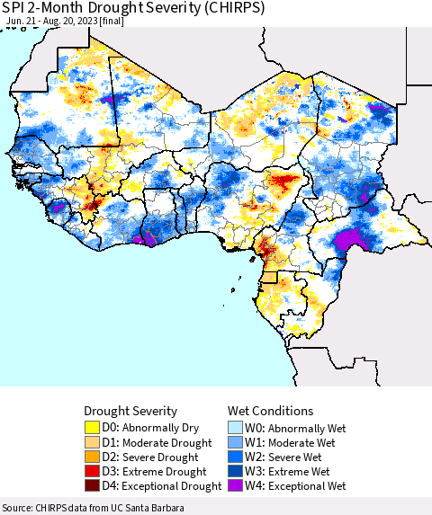 Western Africa SPI 2-Month Drought Severity (CHIRPS) Thematic Map For 6/21/2023 - 8/20/2023