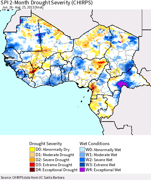 Western Africa SPI 2-Month Drought Severity (CHIRPS) Thematic Map For 6/26/2023 - 8/25/2023