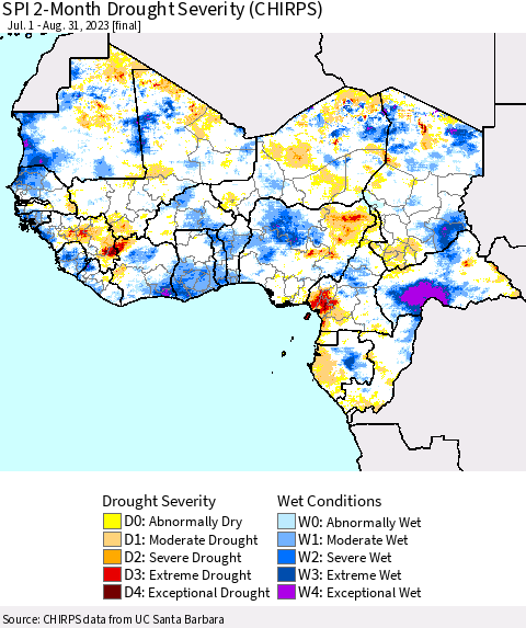 Western Africa SPI 2-Month Drought Severity (CHIRPS) Thematic Map For 7/1/2023 - 8/31/2023