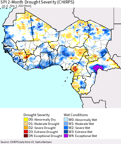 Western Africa SPI 2-Month Drought Severity (CHIRPS) Thematic Map For 7/6/2023 - 9/5/2023
