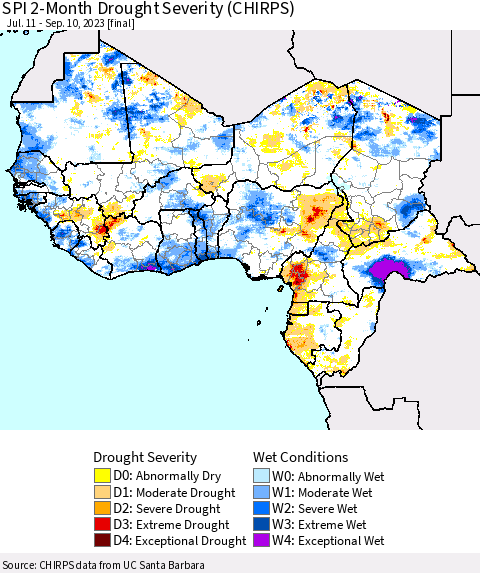 Western Africa SPI 2-Month Drought Severity (CHIRPS) Thematic Map For 7/11/2023 - 9/10/2023