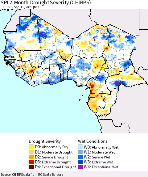 Western Africa SPI 2-Month Drought Severity (CHIRPS) Thematic Map For 7/16/2023 - 9/15/2023