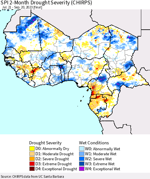 Western Africa SPI 2-Month Drought Severity (CHIRPS) Thematic Map For 7/21/2023 - 9/20/2023