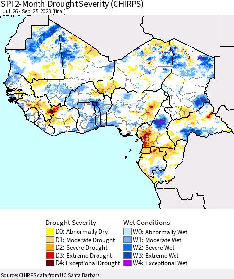 Western Africa SPI 2-Month Drought Severity (CHIRPS) Thematic Map For 7/26/2023 - 9/25/2023