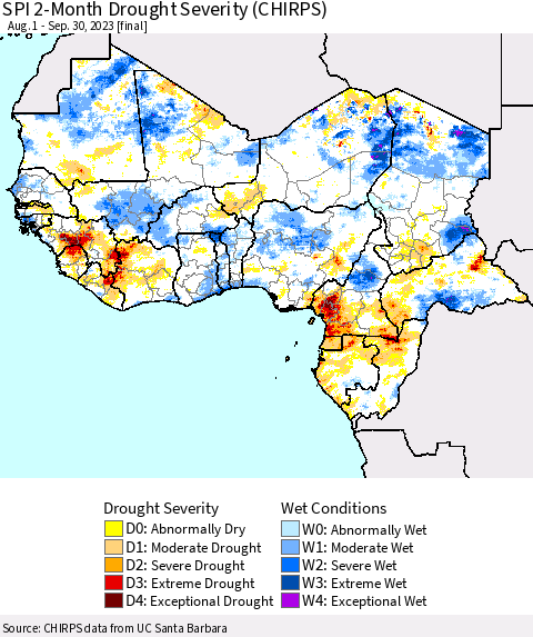 Western Africa SPI 2-Month Drought Severity (CHIRPS) Thematic Map For 8/1/2023 - 9/30/2023