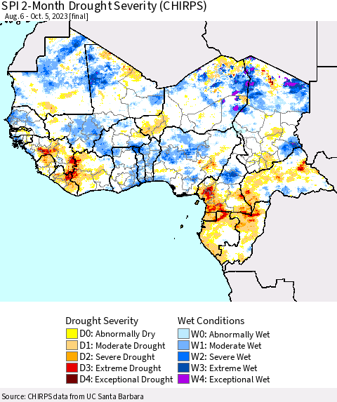 Western Africa SPI 2-Month Drought Severity (CHIRPS) Thematic Map For 8/6/2023 - 10/5/2023