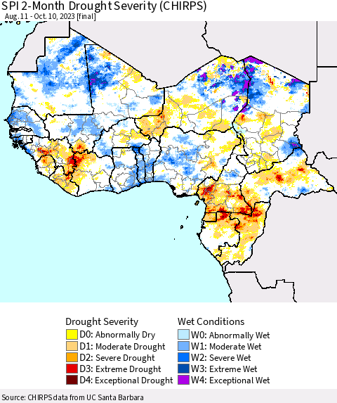 Western Africa SPI 2-Month Drought Severity (CHIRPS) Thematic Map For 8/11/2023 - 10/10/2023