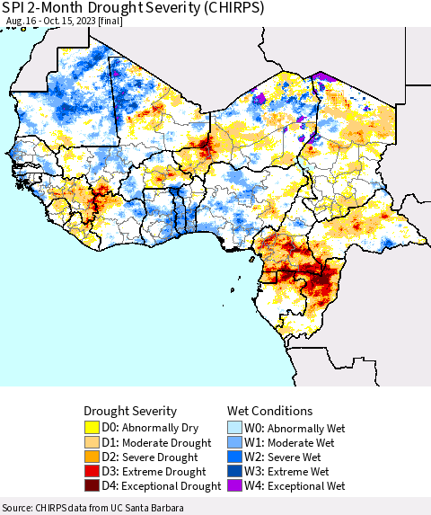 Western Africa SPI 2-Month Drought Severity (CHIRPS) Thematic Map For 8/16/2023 - 10/15/2023