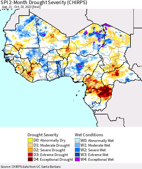 Western Africa SPI 2-Month Drought Severity (CHIRPS) Thematic Map For 8/21/2023 - 10/20/2023