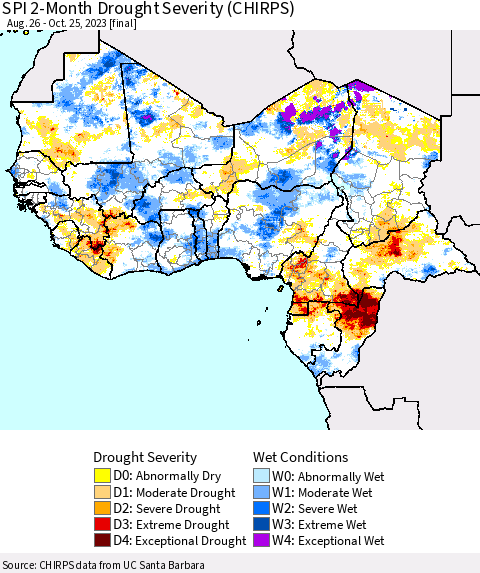 Western Africa SPI 2-Month Drought Severity (CHIRPS) Thematic Map For 8/26/2023 - 10/25/2023