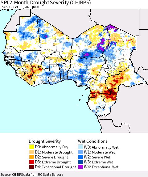 Western Africa SPI 2-Month Drought Severity (CHIRPS) Thematic Map For 9/1/2023 - 10/31/2023