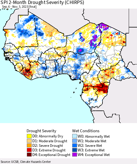 Western Africa SPI 2-Month Drought Severity (CHIRPS) Thematic Map For 9/6/2023 - 11/5/2023