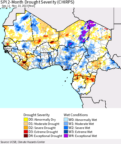 Western Africa SPI 2-Month Drought Severity (CHIRPS) Thematic Map For 9/11/2023 - 11/10/2023