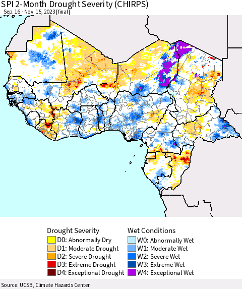 Western Africa SPI 2-Month Drought Severity (CHIRPS) Thematic Map For 9/16/2023 - 11/15/2023