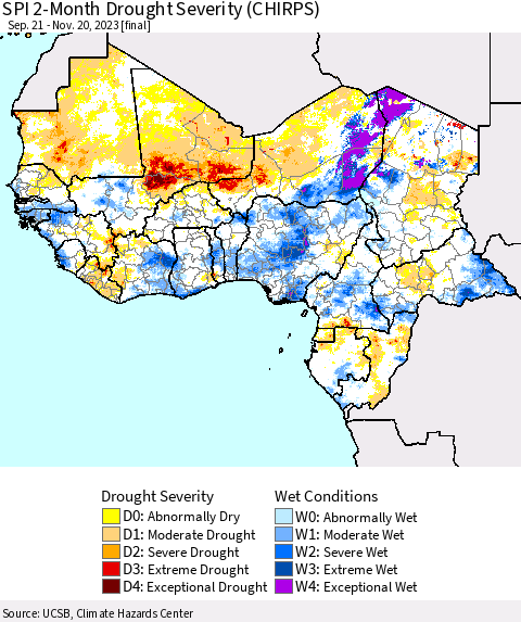 Western Africa SPI 2-Month Drought Severity (CHIRPS) Thematic Map For 9/21/2023 - 11/20/2023