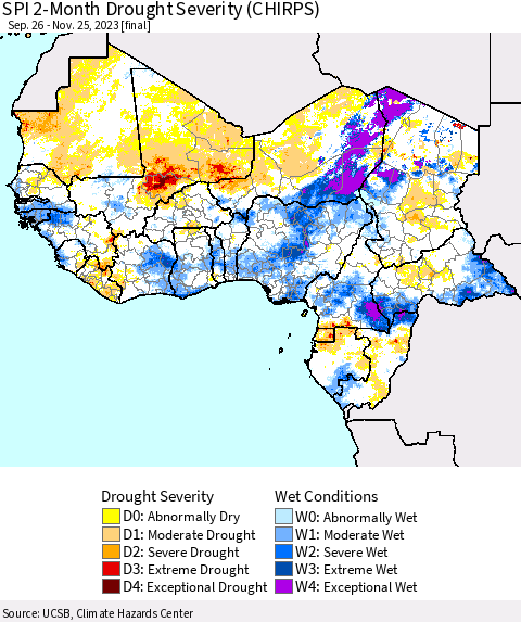 Western Africa SPI 2-Month Drought Severity (CHIRPS) Thematic Map For 9/26/2023 - 11/25/2023