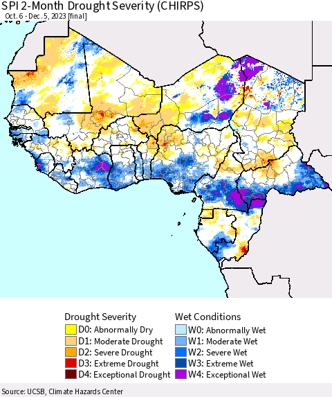 Western Africa SPI 2-Month Drought Severity (CHIRPS) Thematic Map For 10/6/2023 - 12/5/2023