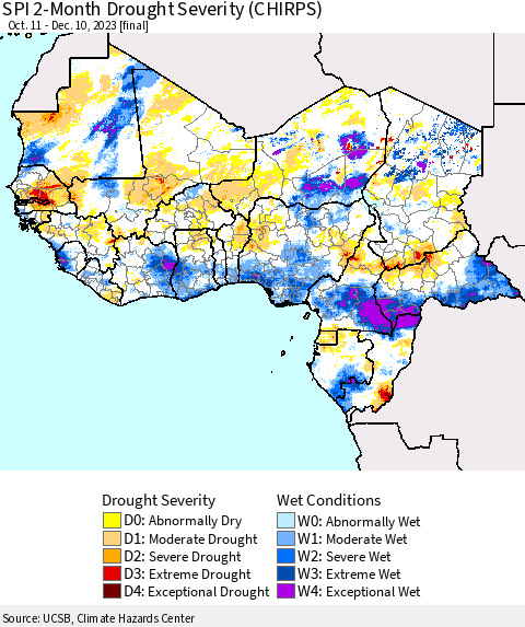 Western Africa SPI 2-Month Drought Severity (CHIRPS) Thematic Map For 10/11/2023 - 12/10/2023