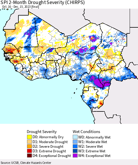 Western Africa SPI 2-Month Drought Severity (CHIRPS) Thematic Map For 10/16/2023 - 12/15/2023