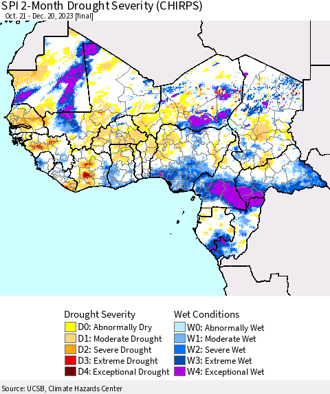 Western Africa SPI 2-Month Drought Severity (CHIRPS) Thematic Map For 10/21/2023 - 12/20/2023