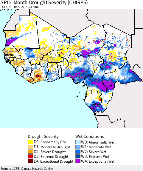 Western Africa SPI 2-Month Drought Severity (CHIRPS) Thematic Map For 10/26/2023 - 12/25/2023