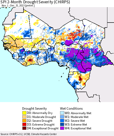 Western Africa SPI 2-Month Drought Severity (CHIRPS) Thematic Map For 11/1/2023 - 12/31/2023