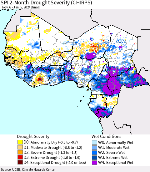 Western Africa SPI 2-Month Drought Severity (CHIRPS) Thematic Map For 11/6/2023 - 1/5/2024