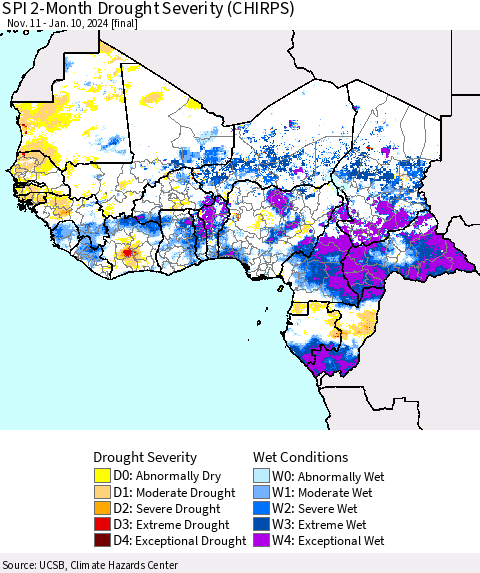 Western Africa SPI 2-Month Drought Severity (CHIRPS) Thematic Map For 11/11/2023 - 1/10/2024