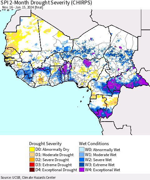 Western Africa SPI 2-Month Drought Severity (CHIRPS) Thematic Map For 11/16/2023 - 1/15/2024