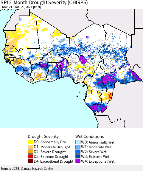 Western Africa SPI 2-Month Drought Severity (CHIRPS) Thematic Map For 11/21/2023 - 1/20/2024