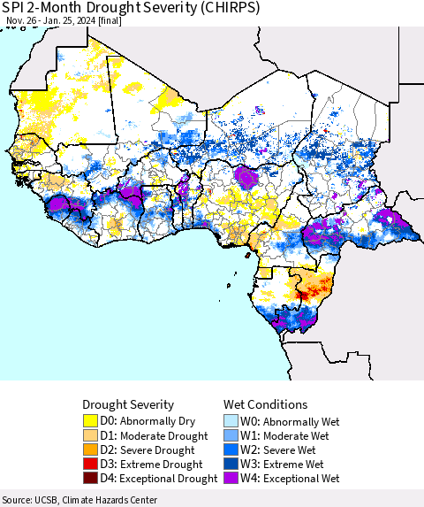 Western Africa SPI 2-Month Drought Severity (CHIRPS) Thematic Map For 11/26/2023 - 1/25/2024