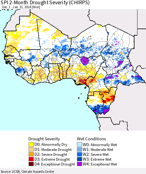 Western Africa SPI 2-Month Drought Severity (CHIRPS) Thematic Map For 12/1/2023 - 1/31/2024