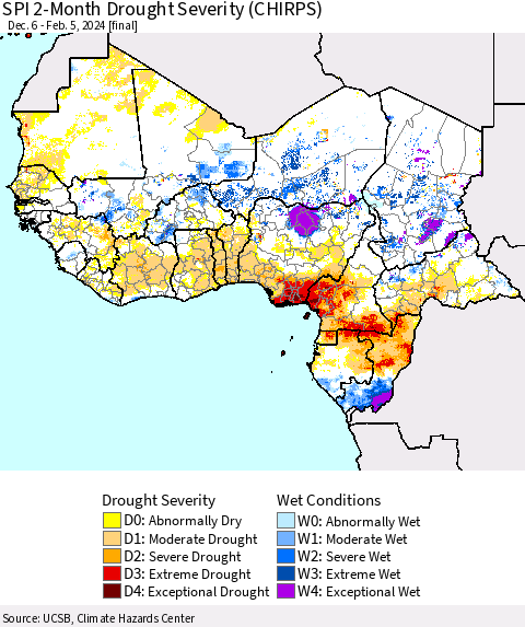 Western Africa SPI 2-Month Drought Severity (CHIRPS) Thematic Map For 12/6/2023 - 2/5/2024