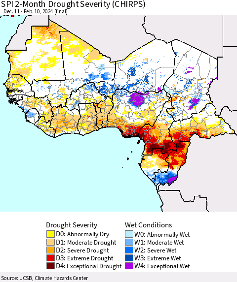 Western Africa SPI 2-Month Drought Severity (CHIRPS) Thematic Map For 12/11/2023 - 2/10/2024