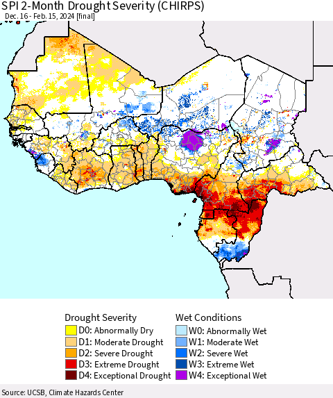 Western Africa SPI 2-Month Drought Severity (CHIRPS) Thematic Map For 12/16/2023 - 2/15/2024