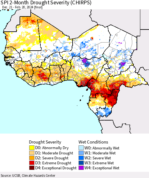 Western Africa SPI 2-Month Drought Severity (CHIRPS) Thematic Map For 12/21/2023 - 2/20/2024